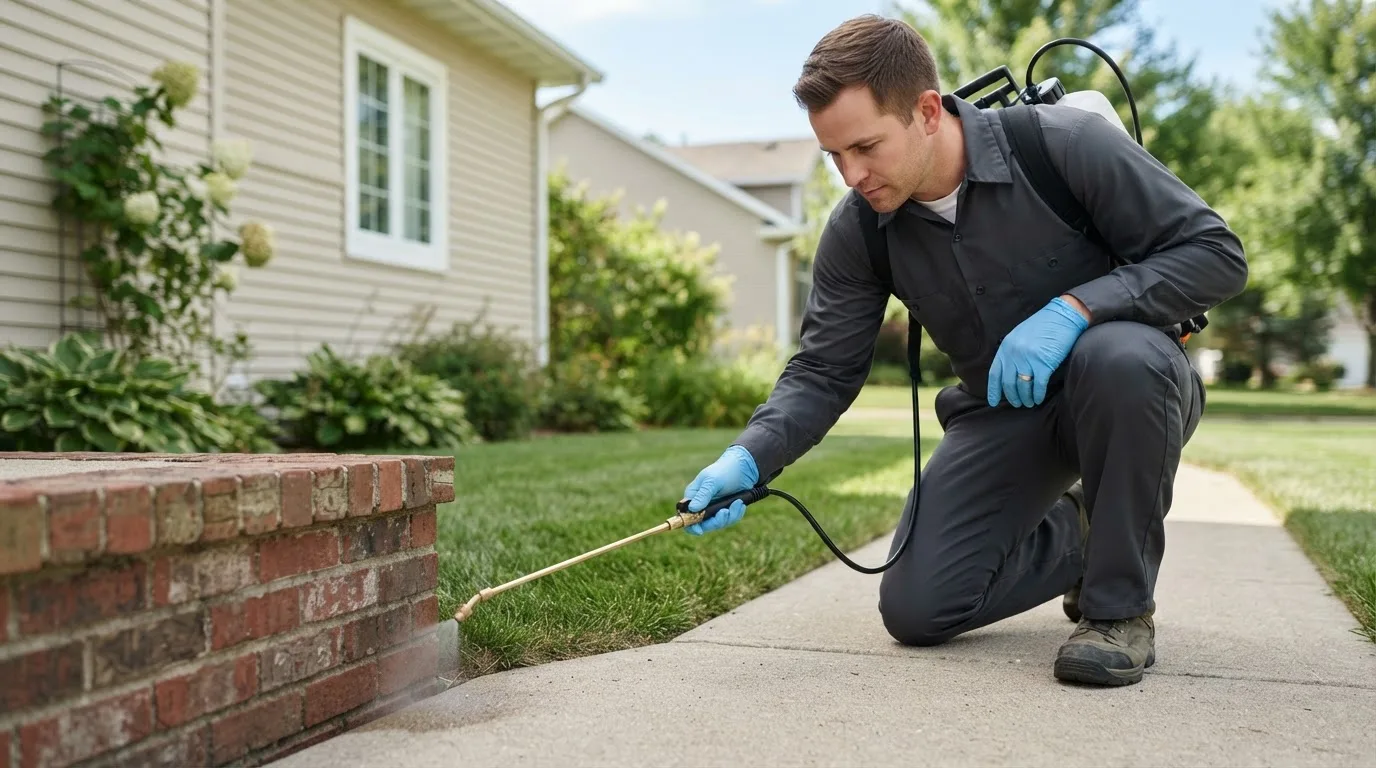 Pest control technician treating a home near Portsmouth, RI