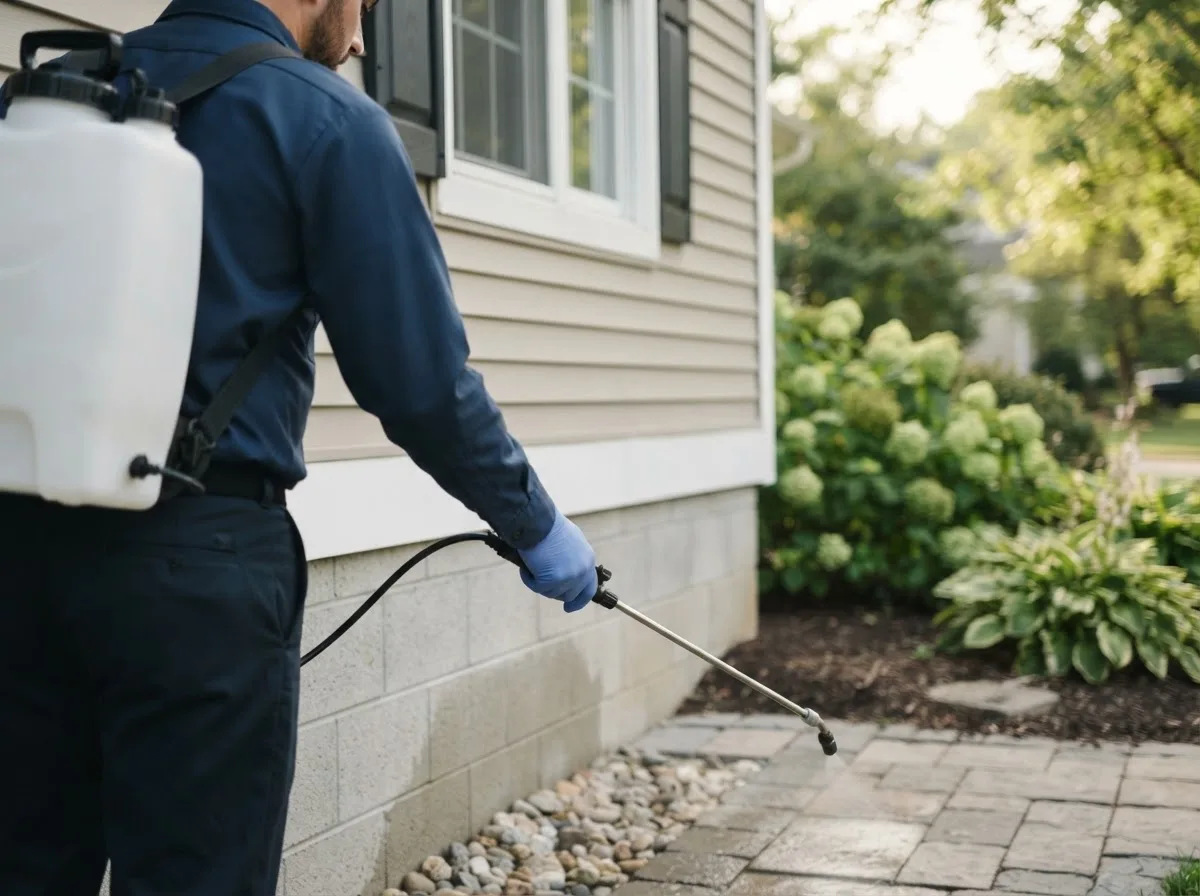 Pest control technician inspecting a home in Portsmouth, RI